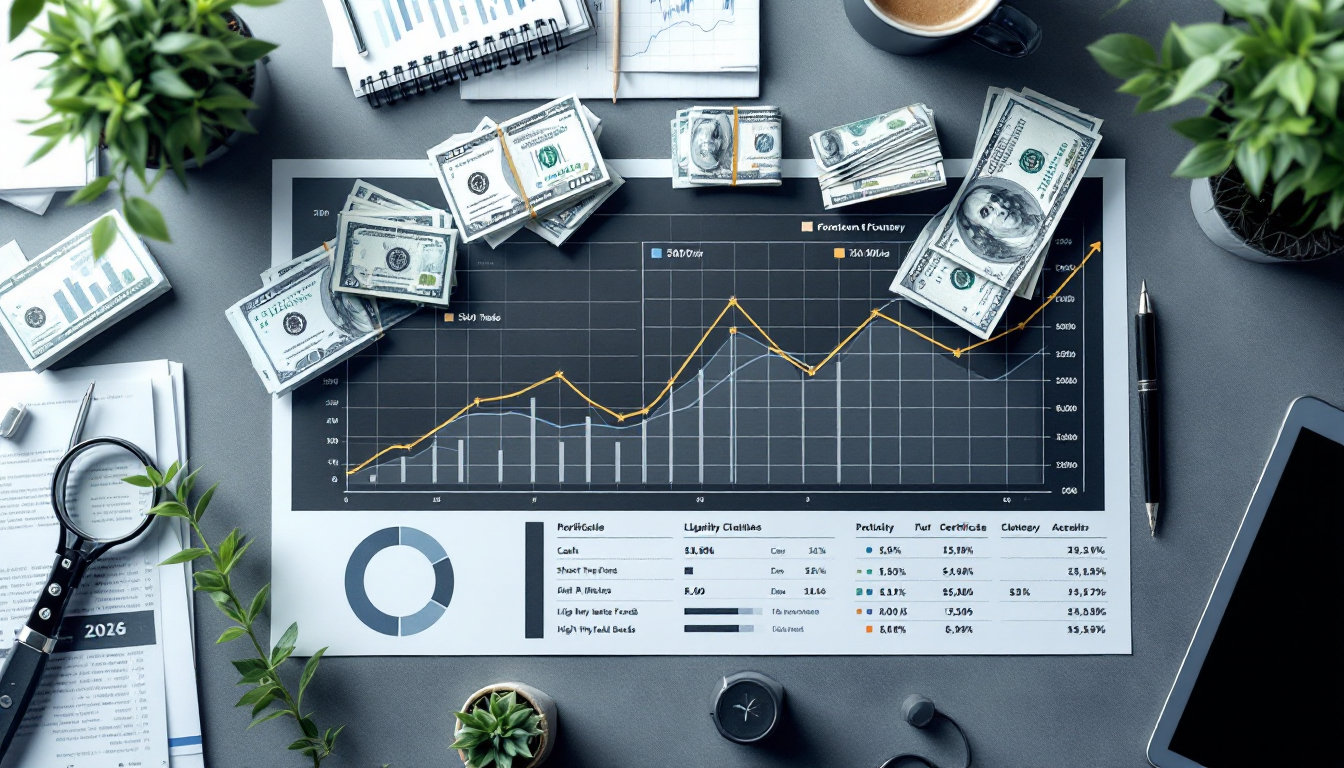 2026년 유동성 전략을 위한 현금, 단기 국채, 머니마켓펀드, 비유동성 자산으로 구성된 다각화 투자 포트폴리오 이미지