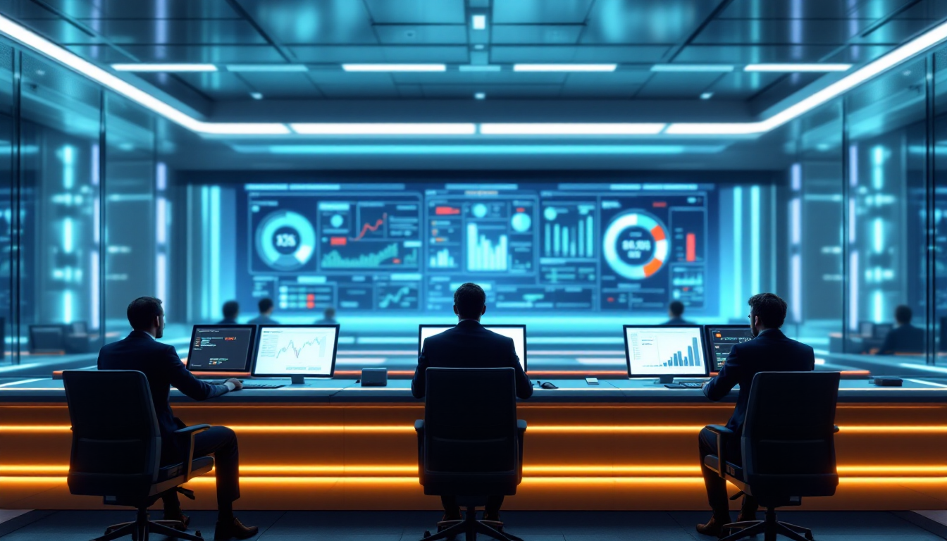 바젤 III 준수, 비상자금조달계획, 조기경보시스템을 모니터링하는 금융 전문가들의 미래형 통제실 이미지