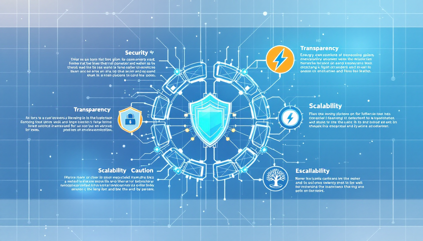블록체인 기술의 장단점을 시각적으로 표현한 이미지, 보안, 투명성, 에너지 소비, 확장성 문제를 나타내는 아이콘 포함