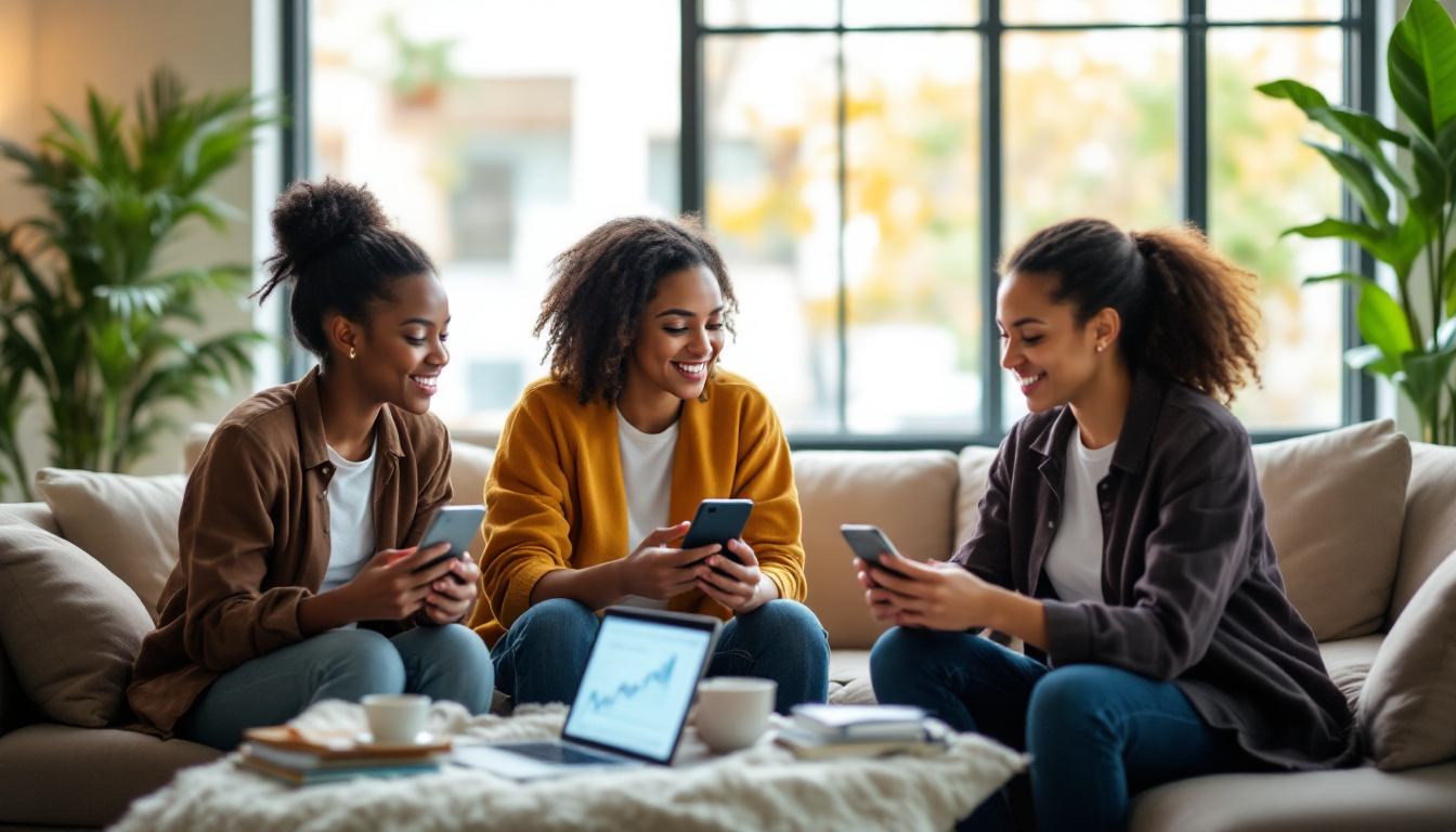 20대 사회초년생들이 스마트폰과 노트북을 사용해 주식 투자를 하는 모습