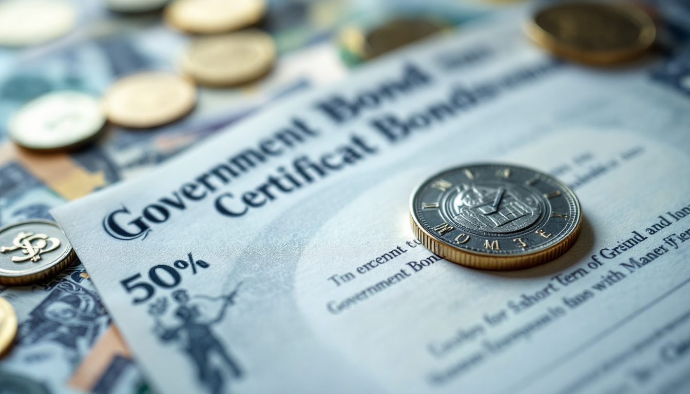 만기 1년 이하의 단기국채를 나타내는 정부 보증 채권 증서의 실사 이미지