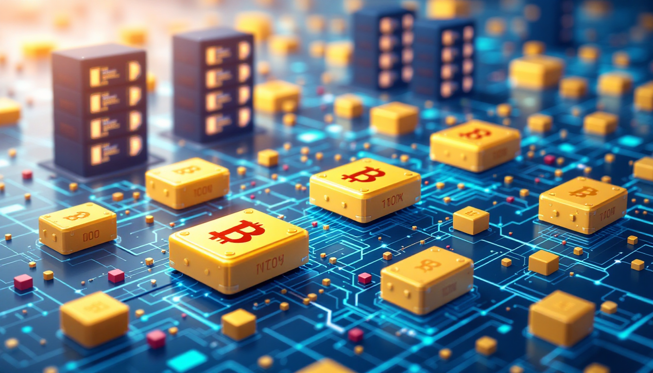 블록체인 네트워크의 구성 요소인 블록, 체인, 노드를 설명하는 이미지, 블록이 체인으로 연결되어 있고 여러 노드가 거래를 검증하는 장면