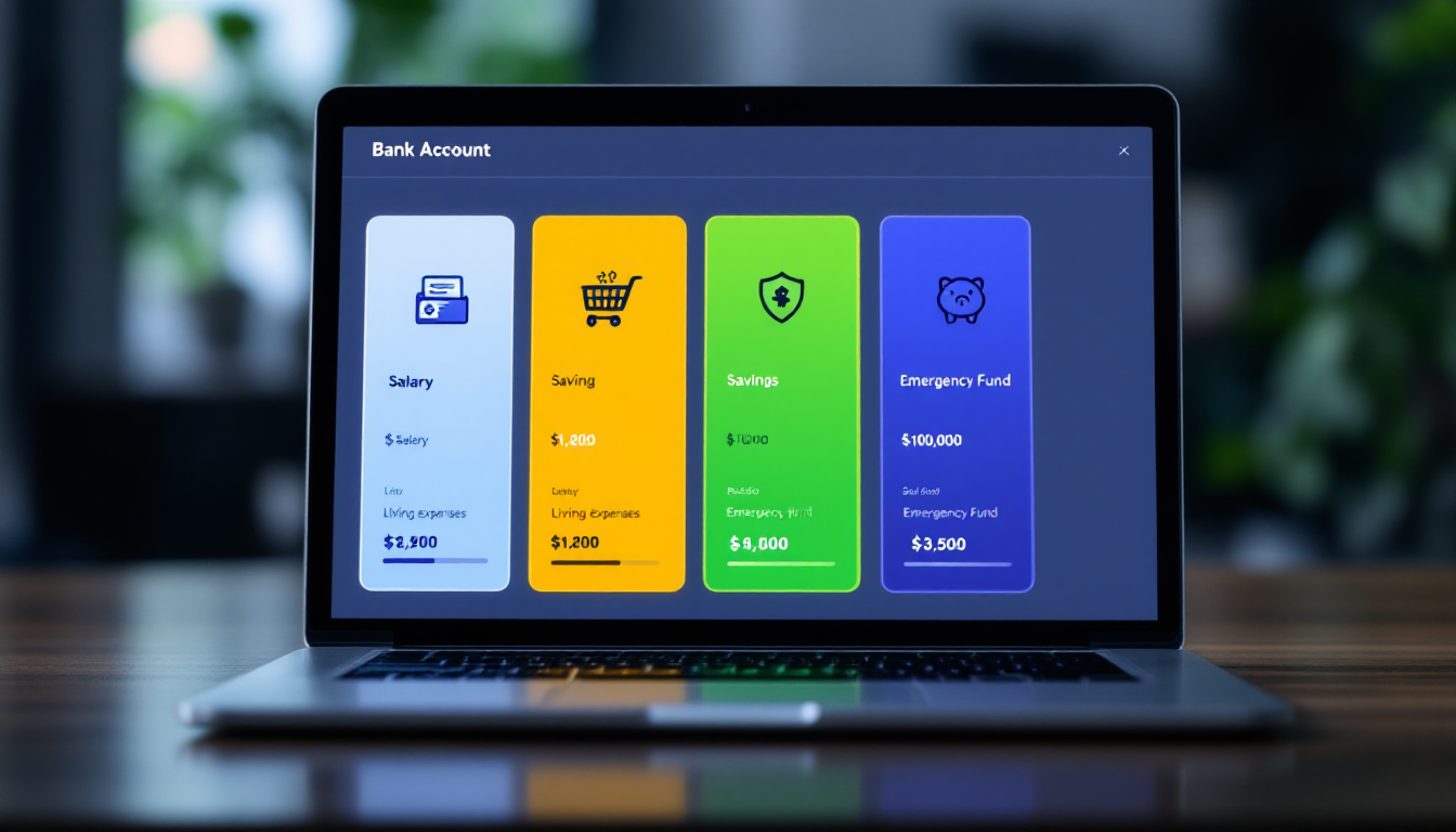 월급 통장, 생활비 통장, 저축 투자 통장, 비상금 통장을 나타내는 네 개의 디지털 지갑