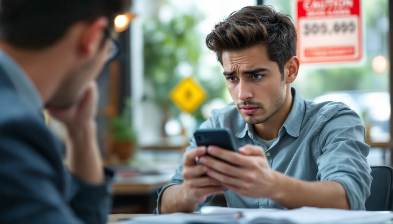 투자 사기 주의 경고를 확인하는 젊은 투자자 모습