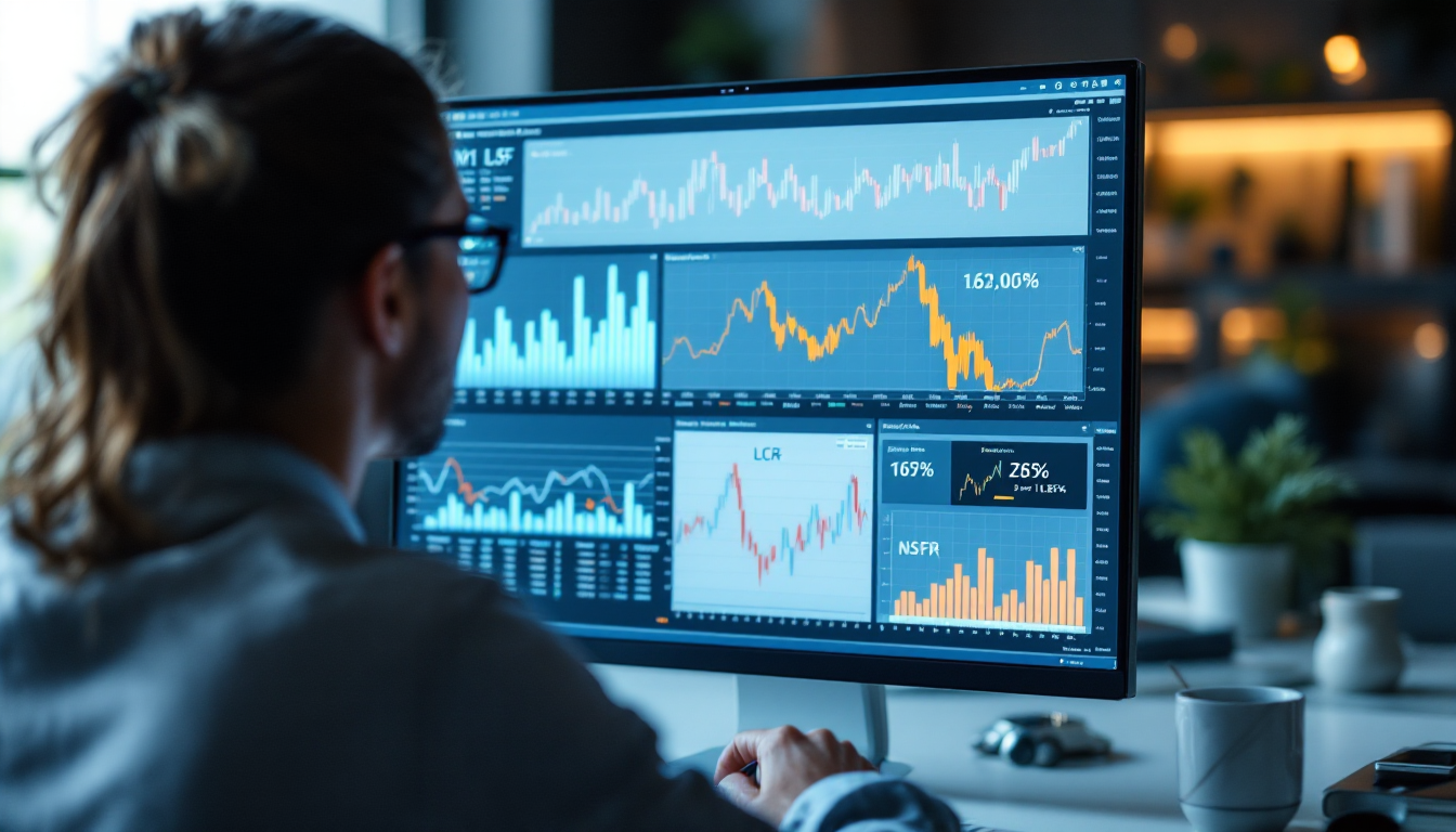 유동성 지표와 바젤 III 규제를 모니터링하는 금융 애널리스트의 고화질 실사 이미지