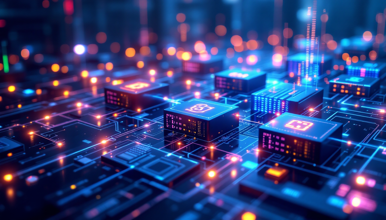 블록체인의 핵심인 분산원장 기술을 시각화한 이미지, 여러 컴퓨터가 연결되어 데이터를 안전하게 관리하는 모습