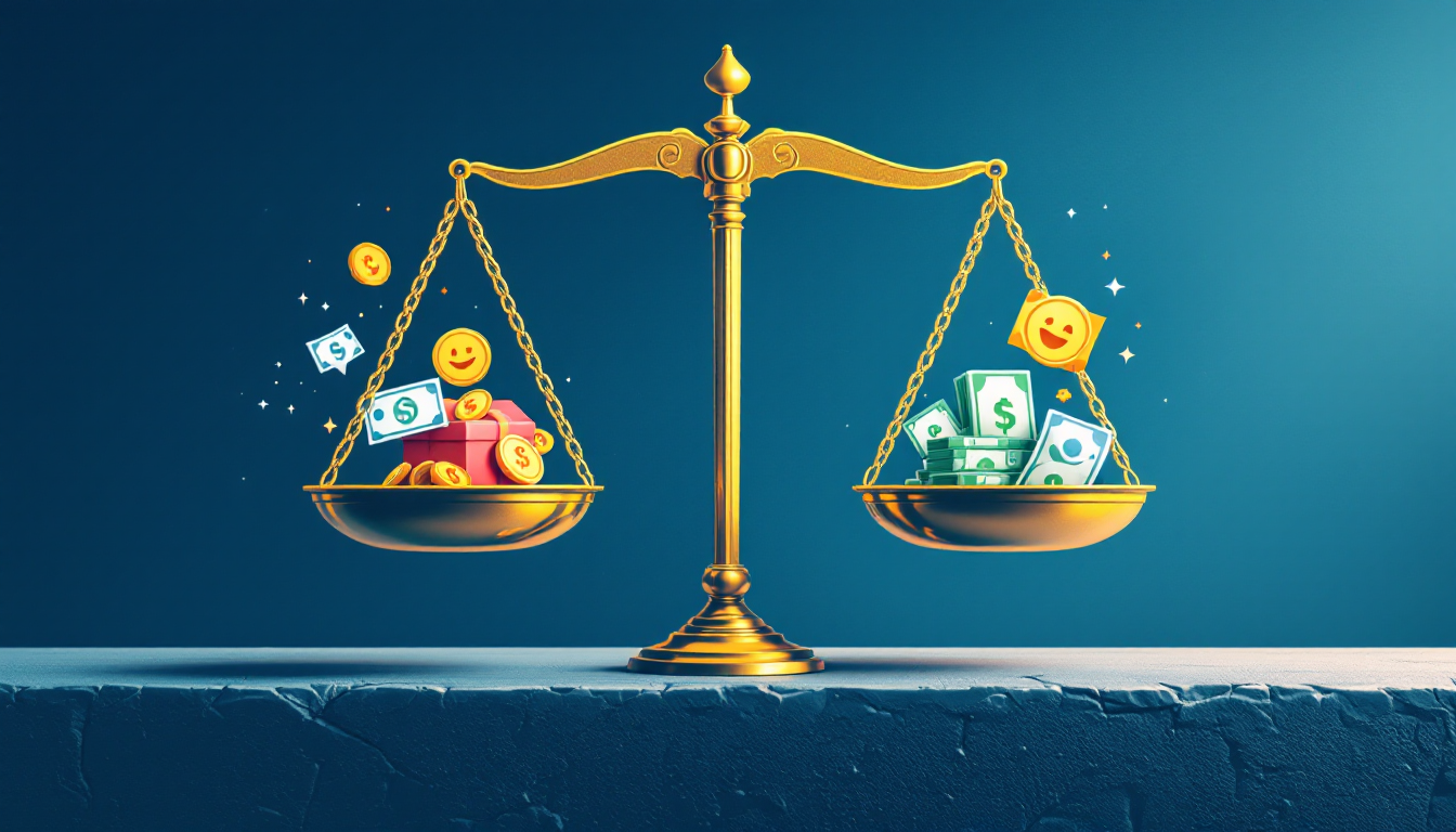 마이너스 통장 사용의 이점과 위험을 상징하는 균형저울 이미지