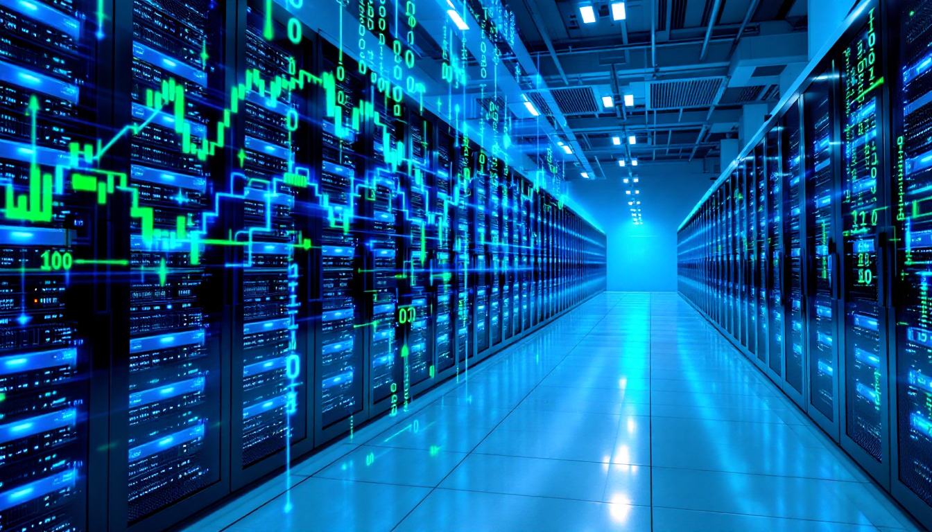 비트코인 채굴장에서 고성능 ASIC 채굴 장비가 작동하는 모습